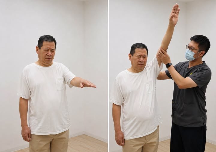 左圖患者自己抬手到一半就停住，右圖由醫師協助被動抬手角度接近正常，是分辨五十肩與旋轉肌撕裂的第一步