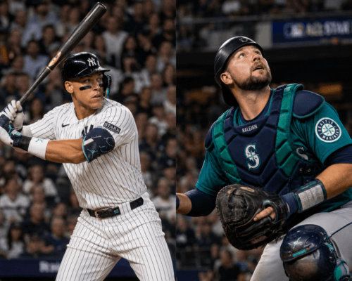 洋基隊 Aaron Judge 揮棒後的軀幹旋轉姿勢與水手隊捕手 Cal Raleigh 蹲捕抬頭追球，兩人 2026 年球季分別因右側第一肋骨壓力性骨折與右側腹斜肌拉傷缺陣