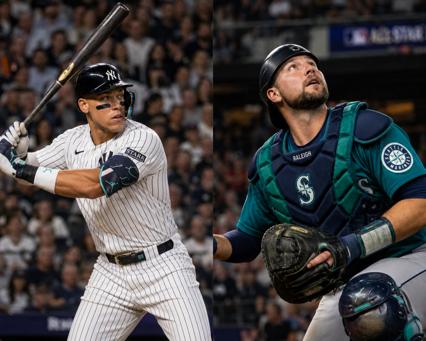 洋基隊 Aaron Judge 揮棒後的軀幹旋轉姿勢與水手隊捕手 Cal Raleigh 蹲捕抬頭追球,兩人 2026 年球季分別因右側第一肋骨壓力性骨折與右側腹斜肌拉傷缺陣
