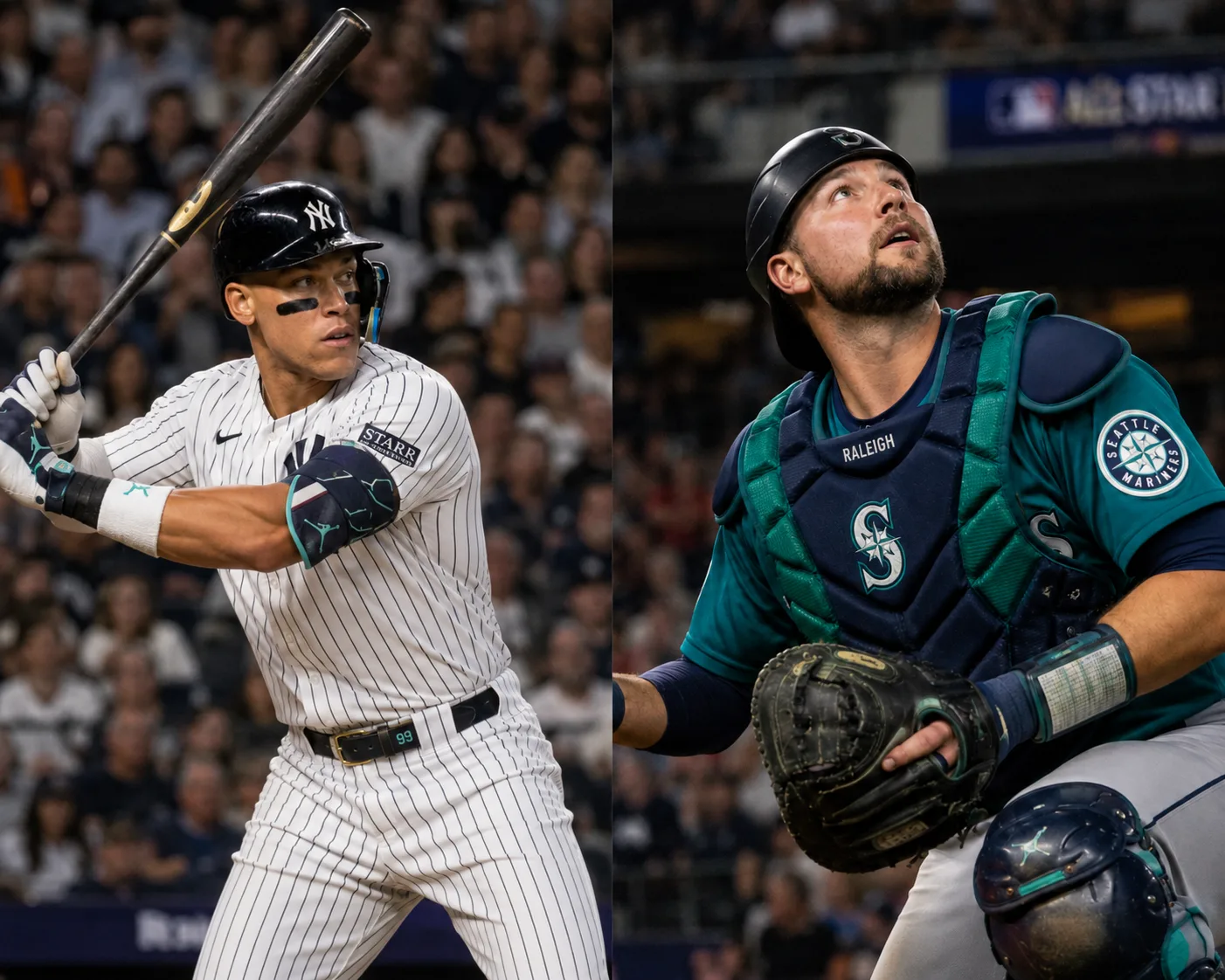 洋基隊 Aaron Judge 揮棒後的軀幹旋轉姿勢與水手隊捕手 Cal Raleigh 蹲捕抬頭追球,兩人 2026 年球季分別因右側第一肋骨壓力性骨折與右側腹斜肌拉傷缺陣