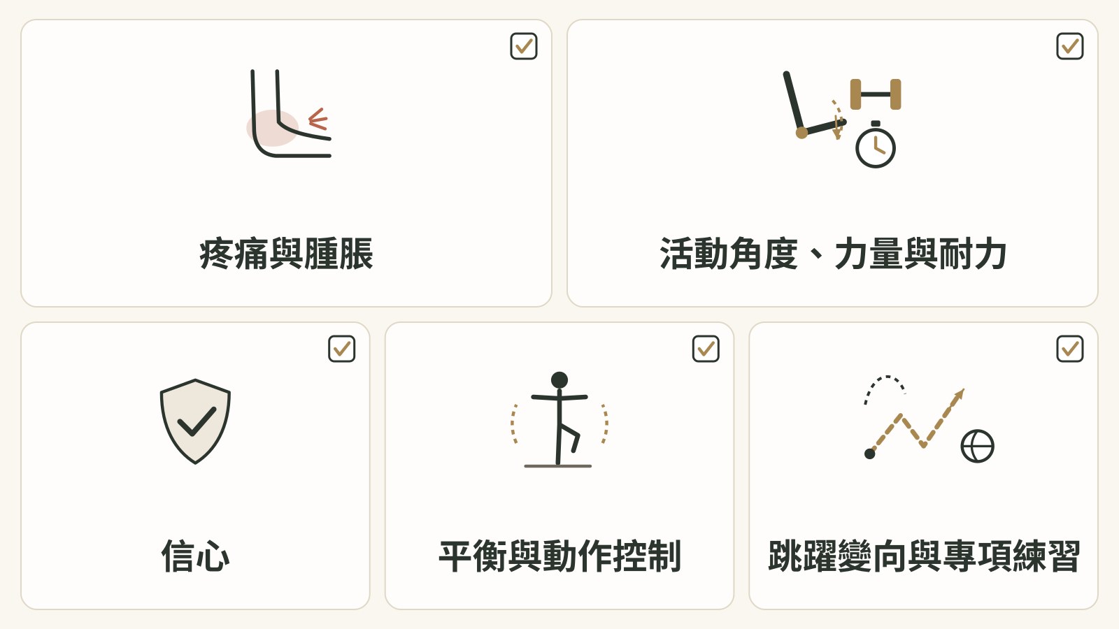回到運動前五個面向的圖示：疼痛與腫脹、活動角度力量與耐力、信心、平衡與動作控制、跳躍變向與專項練習