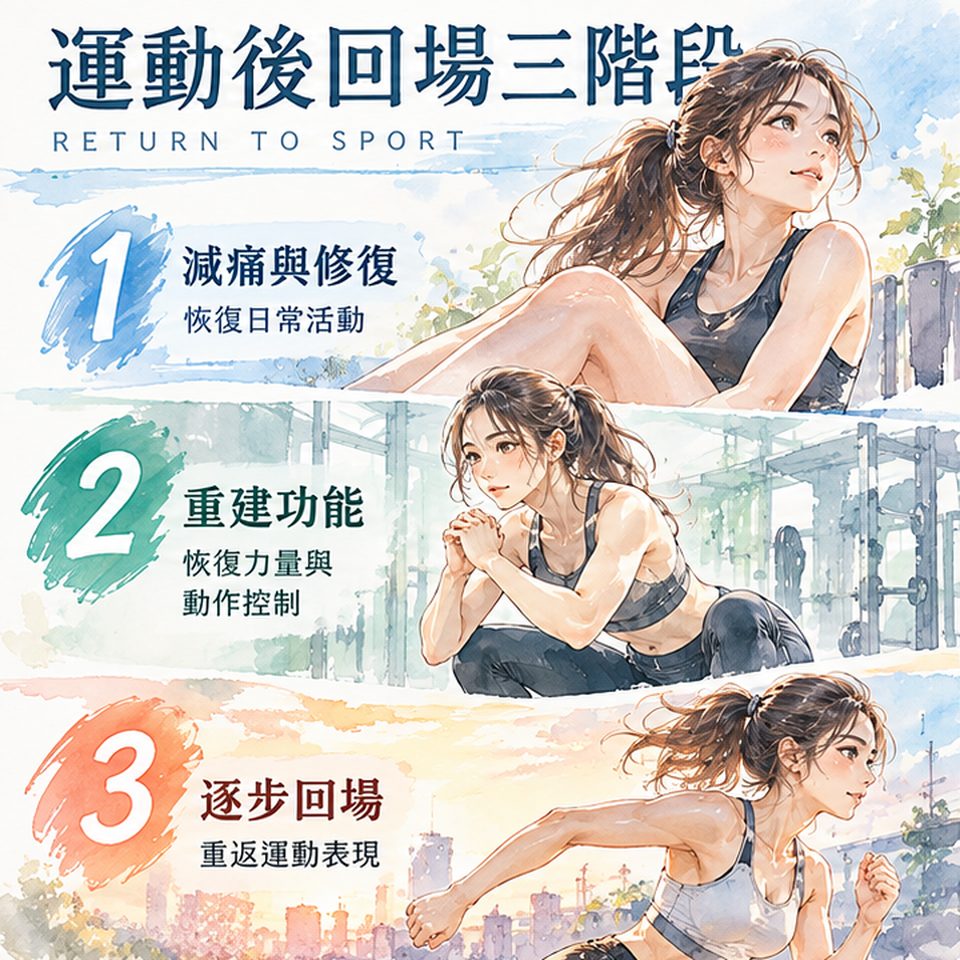 三個回場階段的示意圖：減痛與修復、重建功能、逐步回場