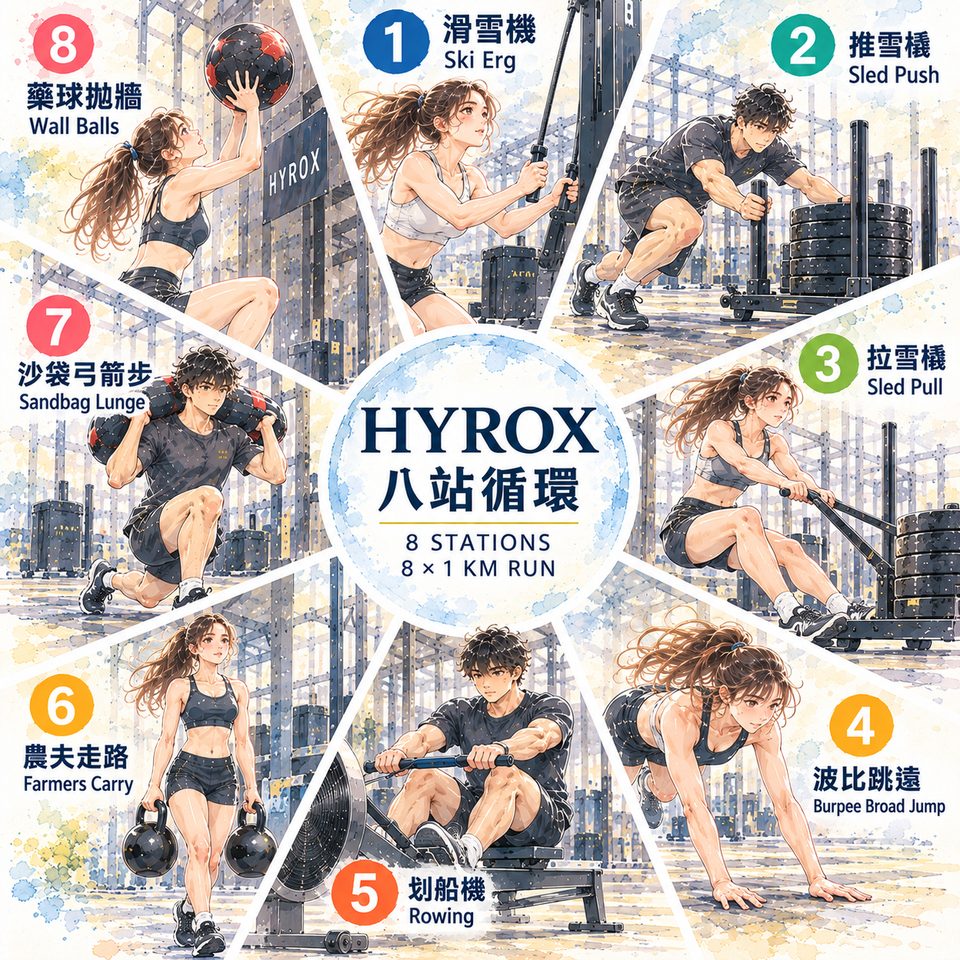 八個訓練站依序排列的環狀示意圖