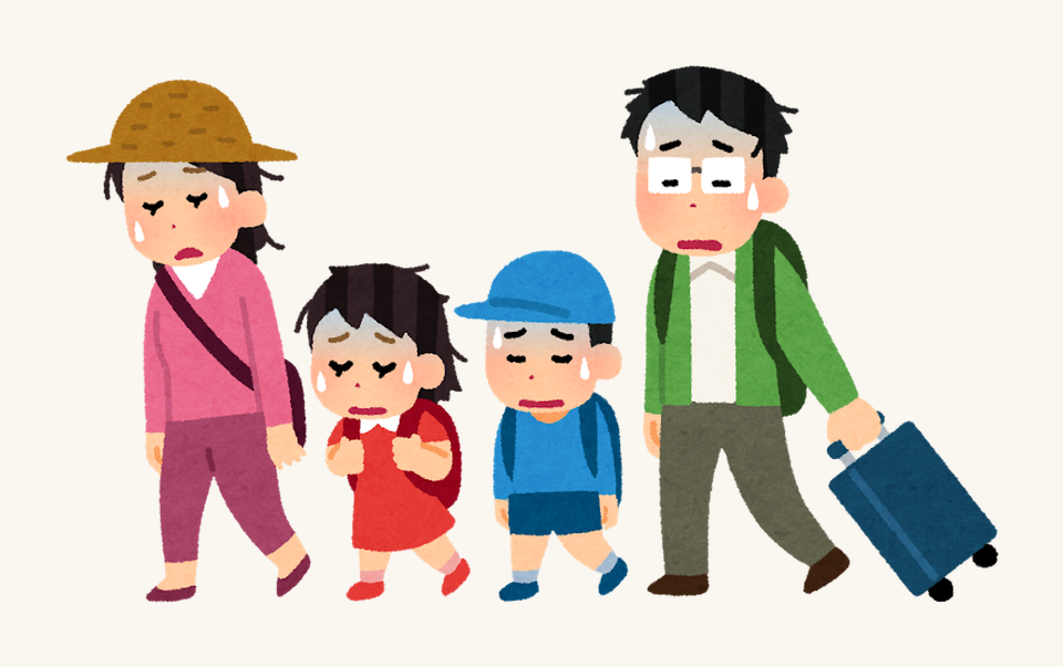 拖著行李、一臉疲憊的一家四口旅行插圖
